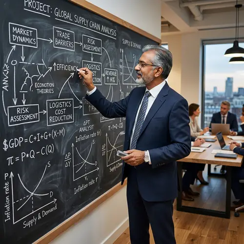 Experienced Businessman Analyzing Economics on Blackboard