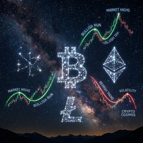 Cryptocurrency Symbols in Night Sky | Market Graphs & Stars