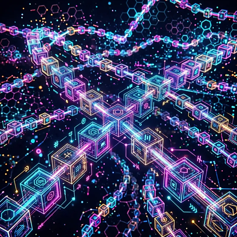 Endless Interlocking Blockchain Network in Neon Colors