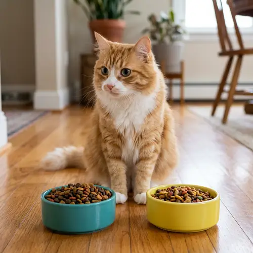 Adorable Orange and White Tabby Cat Deciding Between Teal and Yellow Bowls