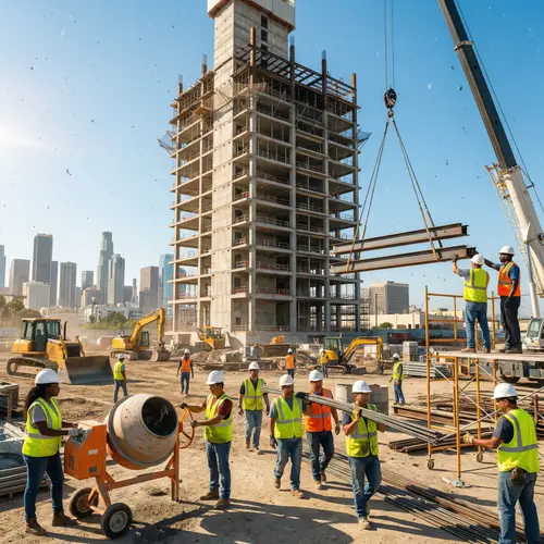 Multiracial Construction Team Building Skyscraper