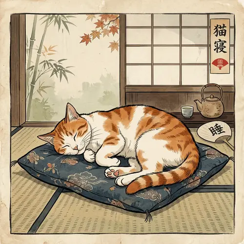 Japanese Vintage Drawing of Orange and White Cat Sleeping