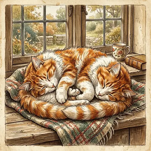 Vintage Drawing of Orange and White Cat Sleeping