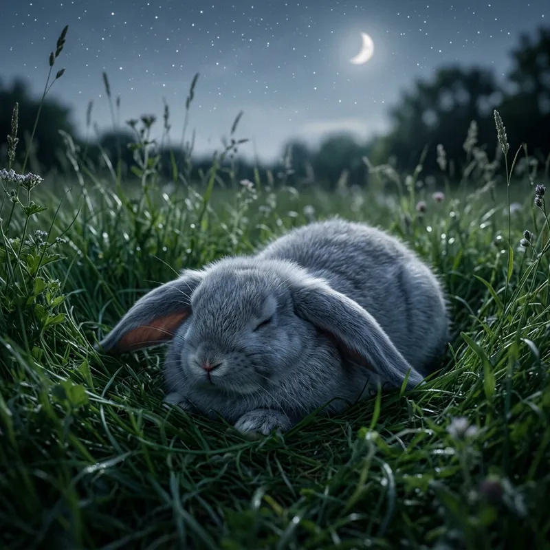 Fat Rabbit Sleeping Peacefully in Moonlit Serenity