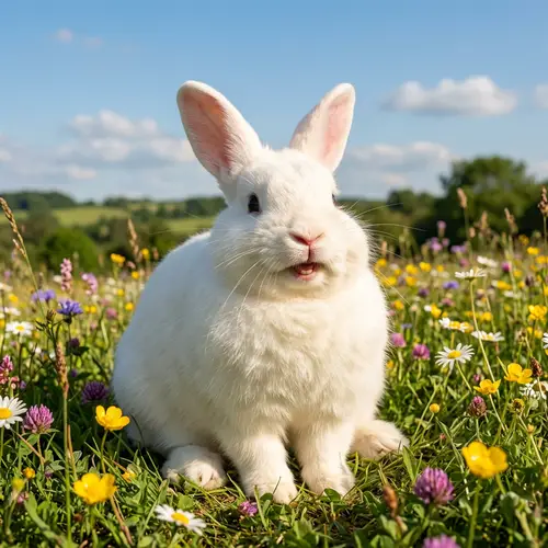 Cheerful Fat Rabbit | Lush Field & Blue Sky
