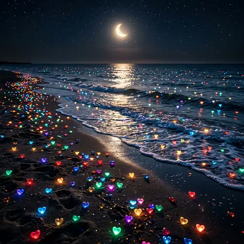 Vibrant Multi-Colored Hearts at Night Beach | Magical Sight