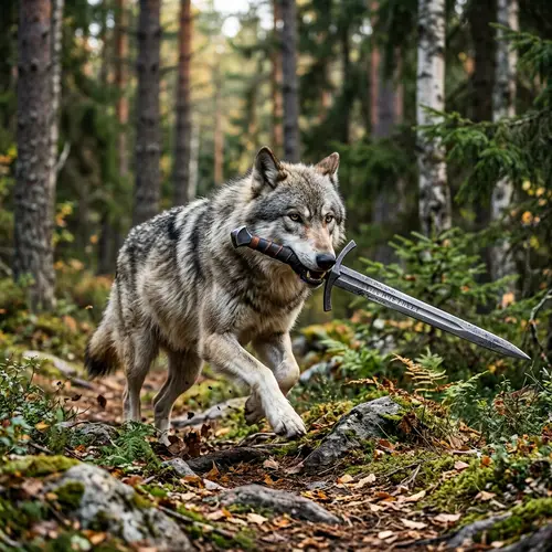Wolf with Sword in Teeth - Majestic Wildlife Image
