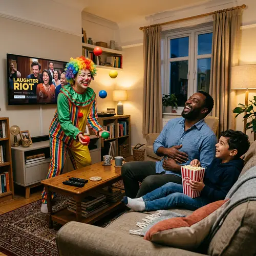 Humorous Clown Juggling Scene with Laughter and Amusement