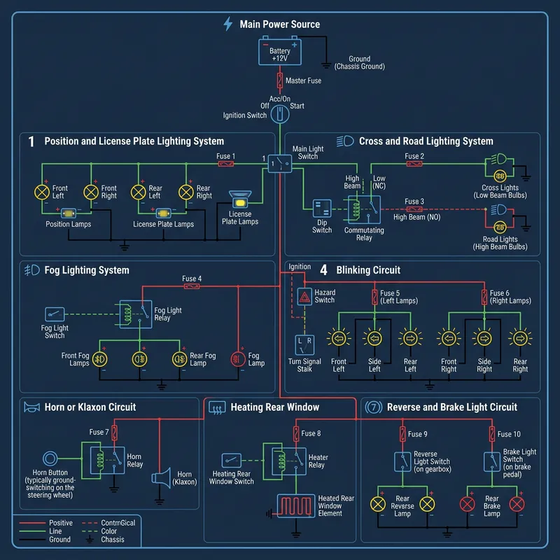 Automobile Circuits Bifilar Schematic: Lighting, Horn, Heating Window, Blinkers, Reverse Lights Automobile Circuits Bifilar Schematic: Lighting, Horn, Heating Window, Blinkers, Reverse Lights