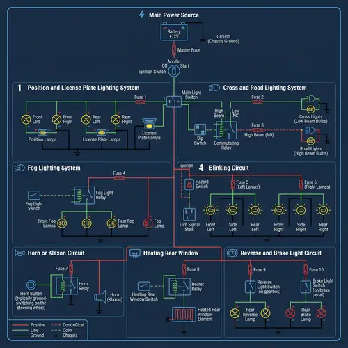 Car Circuits Bifilar Schematic: Lighting Systems, Horn, Heating Window, Blinking, Reverse Light