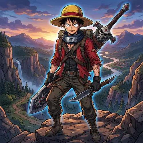 Anime Character Fusion with Luffy's Hat, Naruto Headband, Ichigo Sword, and Knife