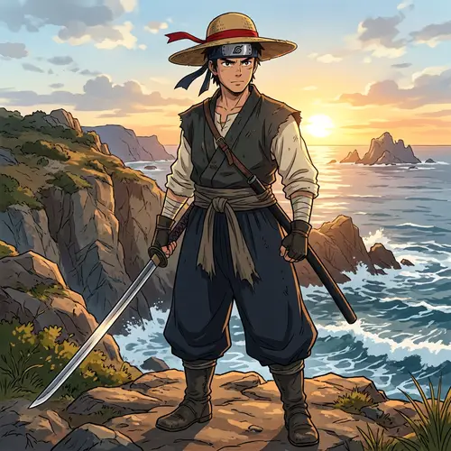 Unique Male Anime Character with Luffy's Hat, Naruto Headband & Ichigo's Sword