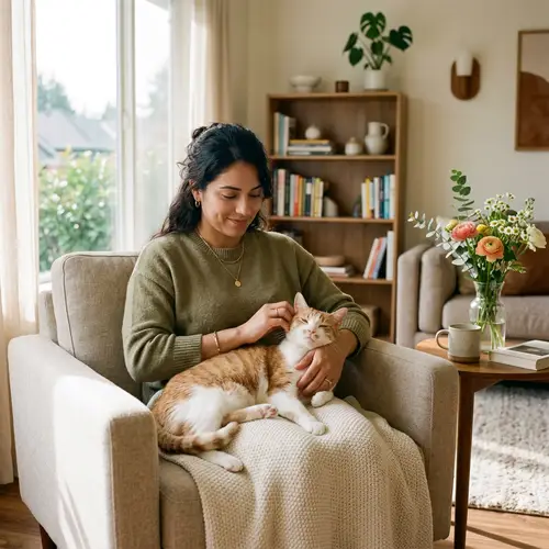 Hispanic Woman Stroking European Shorthair Cat