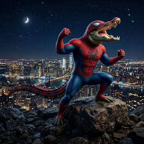 Crocodile Spiderman Hero Pose | Cityscape Sky Background