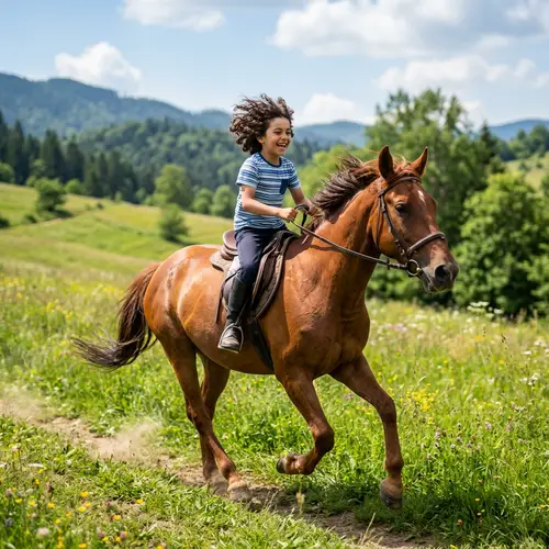 Joyful Middle-Eastern Boy Riding Chestnut Horse in Green Meadow