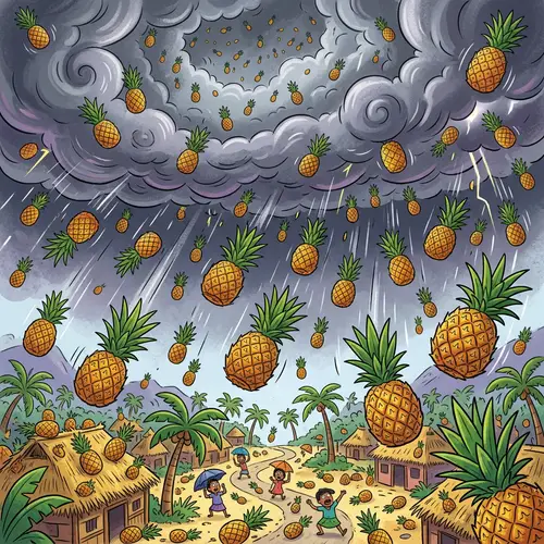 Whimsical Pineapple Storm: Tropical Fruits Falling From the Sky