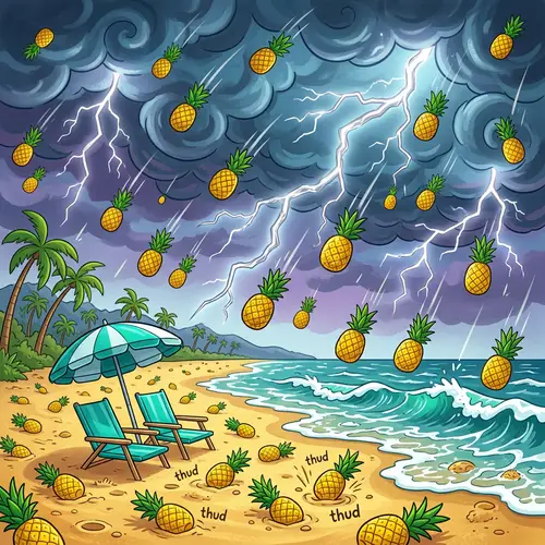 Colorful Stormy Sky and Pineapple Rain Beach Scene