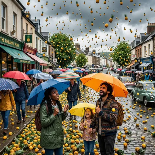 Whimsical Pineapple Rain Scene: Colorful Umbrellas and Diverse Crowd