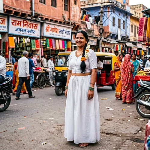 Traditional Indian Woman in Petticoat and Blouse - Vibrant Street Scene