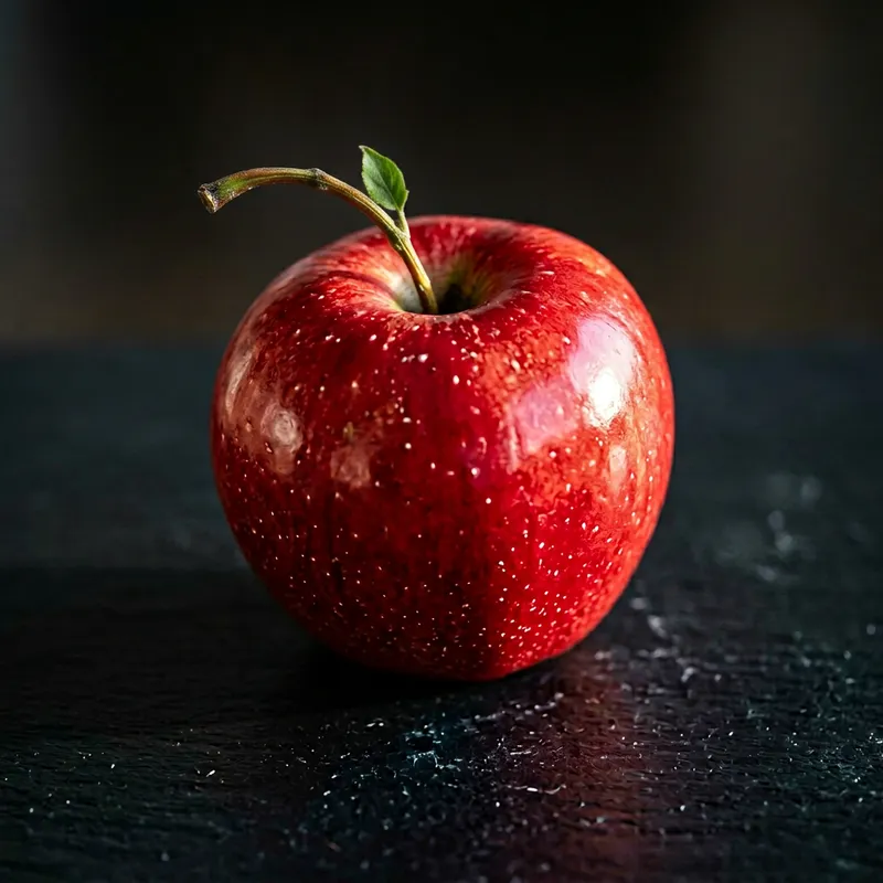 Una Manzana: Glossy Red Apple on Black Surface Una Manzana: Glossy Red Apple on Black Surface