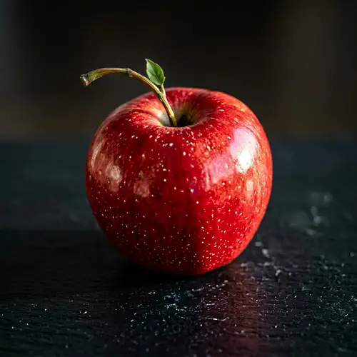 Una Manzana: Glossy Red Apple on Black Surface