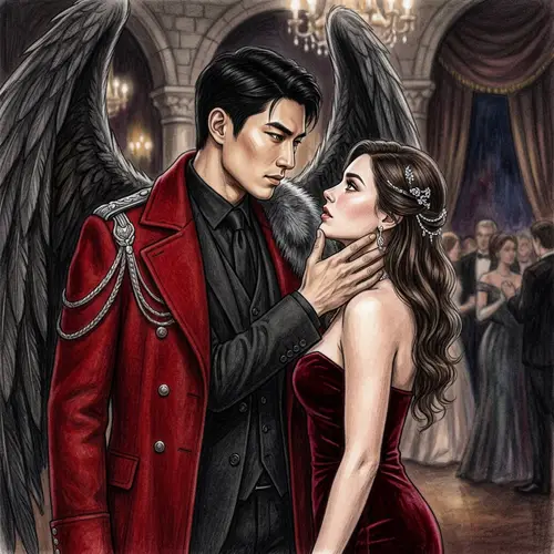 Asian Man with Dark Wings in Sophisticated Black Suit and Red Coat