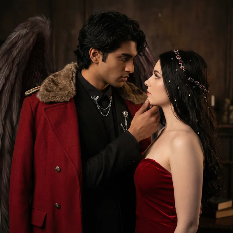 Majestic Dark Angel Embracing Elegant Woman in Red Dress