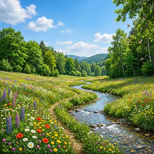 Tranquil Meadow with Wildflowers and Babbling Brook