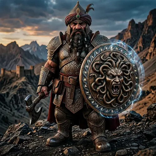 Middle-Eastern Dwarf with Aegis Shield - Ornate Medieval Armor