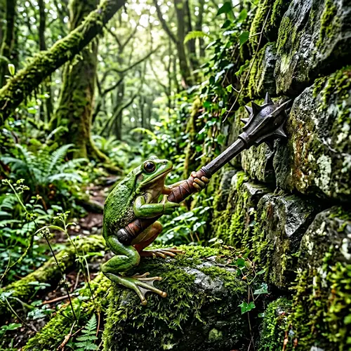 Determined Frog Pulling Out Medieval Mace | Enchanting Forest Scene