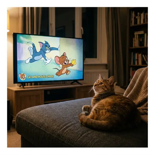 Cat Watching Classic Tom & Jerry Show on Plush Sofa