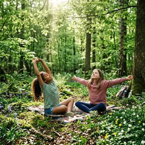Tranquil Spring Scene: Two Young Girls Relaxing in Verdant Forest
