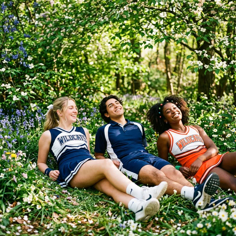 Cheerleaders Sunbathing in Spring Forest - Cheerful Unity