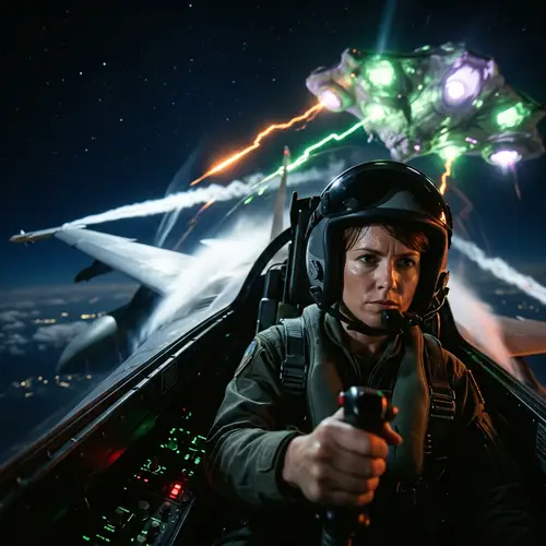 High Skies Showdown: Female Fighter Pilot Evades Futuristic Alien Ship