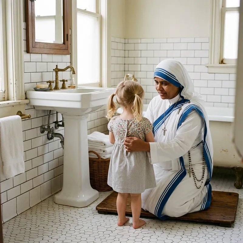 Child Getting Dressed by Nun in Bathroom Child Getting Dressed by Nun in Bathroom