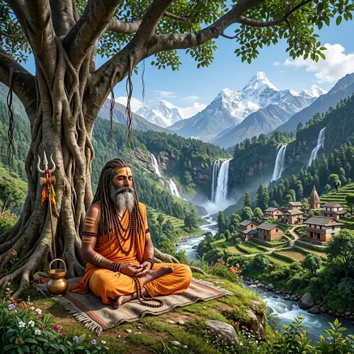 Hindu Sadhu Meditating Under Tree with Scenic Backdrop