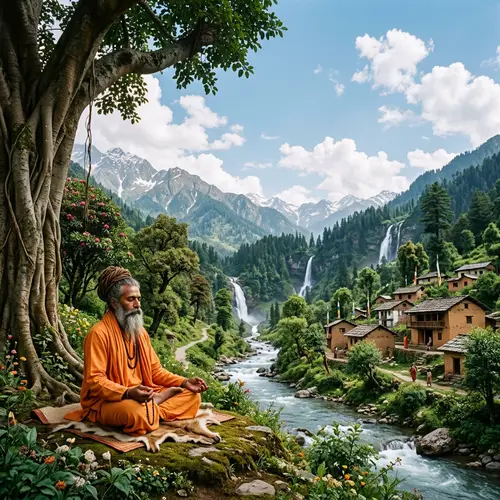 Hindu Sadhu Meditating in Nature - Tranquil Scene with Waterfalls