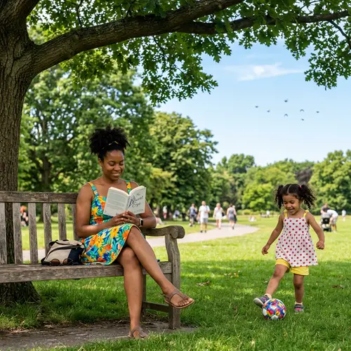 Black Woman in Colorful Summer Dress Reading Book with Middle-Eastern Girl Playing in Park