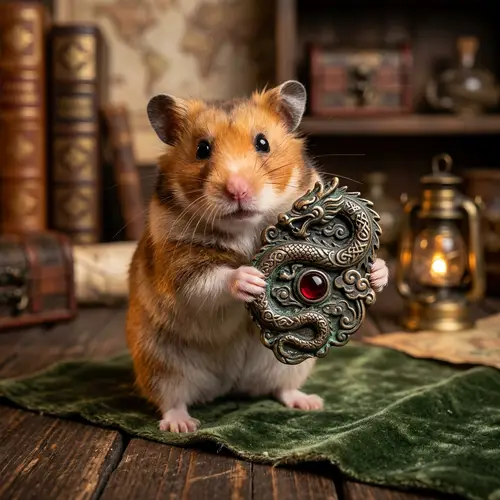 Adorable Hamster with Dragon-Themed Artifact | Enchanting Display
