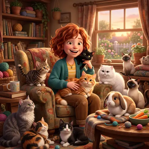 Disney Pixar Movie: Short-Haired Redhead with Cats