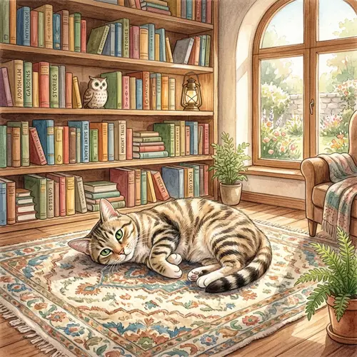 Tranquil Tabby Cat Relaxing in Sunlit Room | Cozy Setting
