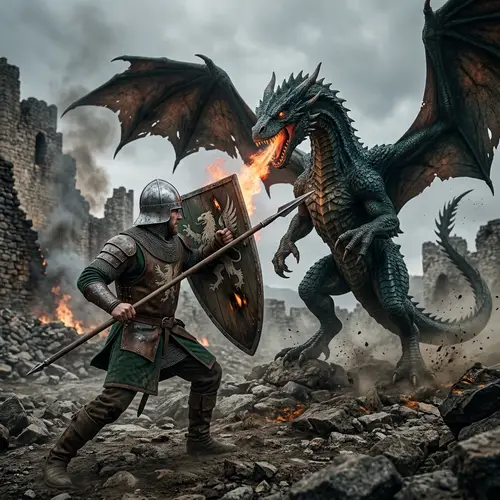 Soldier Battle with Dragon - Epic Fantasy Scene