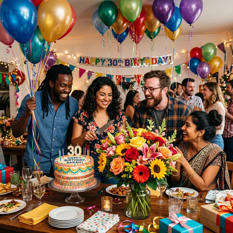 Vibrant Birthday Party Scene with Flower, Cake & Balloons Vibrant Birthday Party Scene with Flower, Cake & Balloons