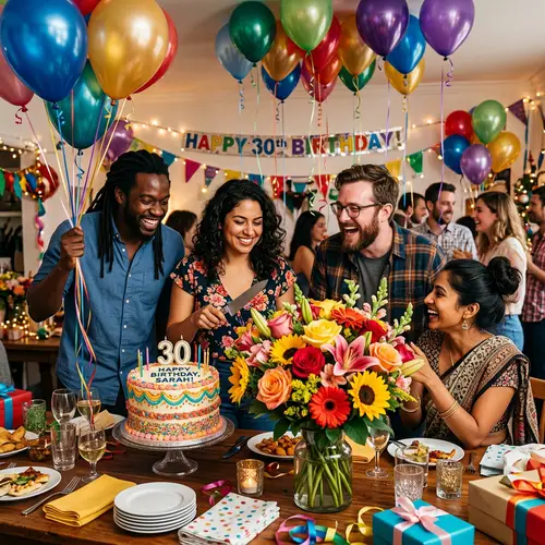 Vibrant Birthday Party with Flower, Cake & Balloons
