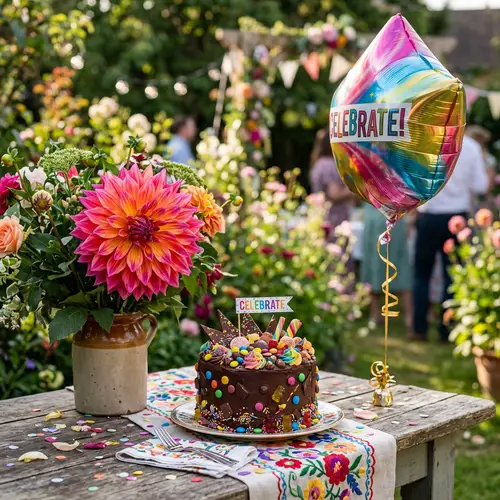 Vibrant Flower with Cake and Balloon for Celebration