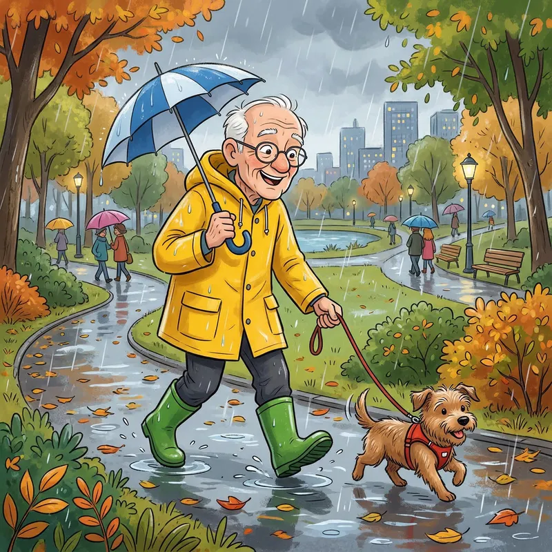 Cheerful Old Man Walking Dog in Rainy Park