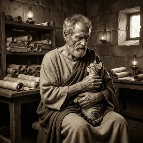Ancient Greek Philosopher with Cat in Hand - Scholarly Pose