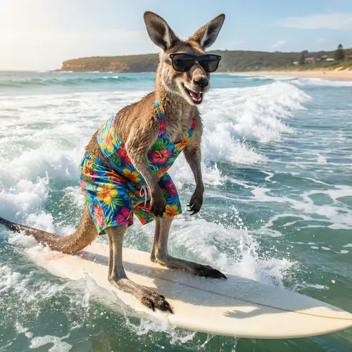 Surfing Kangaroo in Sunglasses and Swimwear