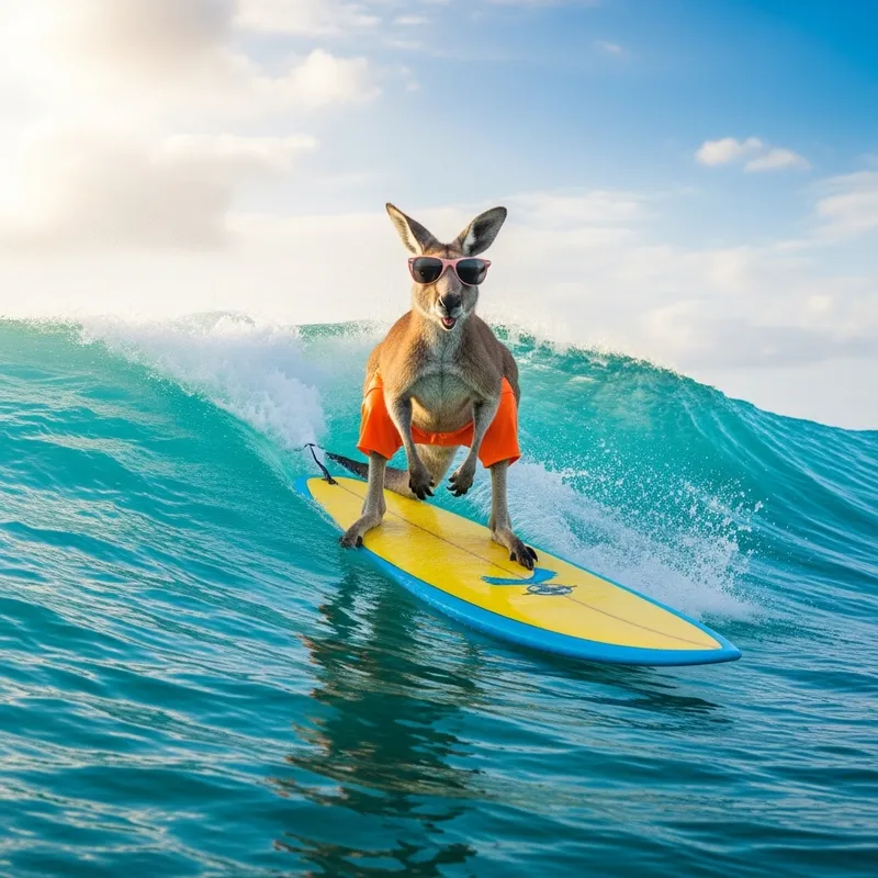Surfing Kangaroo in Sunglasses and Swimwear