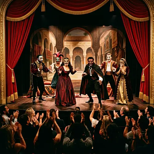 Theatrical Stage with Vibrant Masks and Diverse Performers